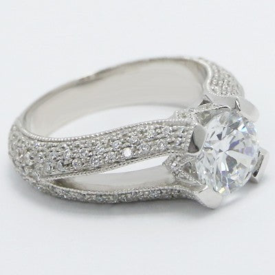 E93553-Split Band Milgrained Pave Design Diamond Ring 14k White Gold