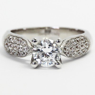 Tapered Pave Milgrained Design Engagement Ring 14k White Gold