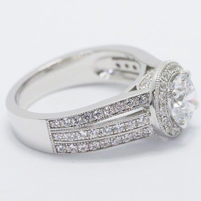 Three Row Milgrained Diamond Halo Engagement Ring 14k White Gold