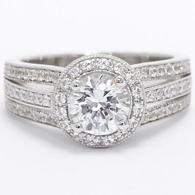 E93743  Three Row Milgrained Diamond Halo Engagement Ring 14k White Gold