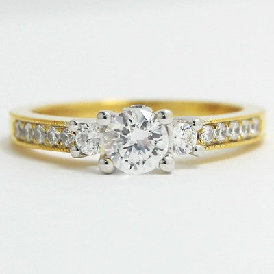 Three Stone Shared Prongs Milgrained Ring 14k Yellow Gold