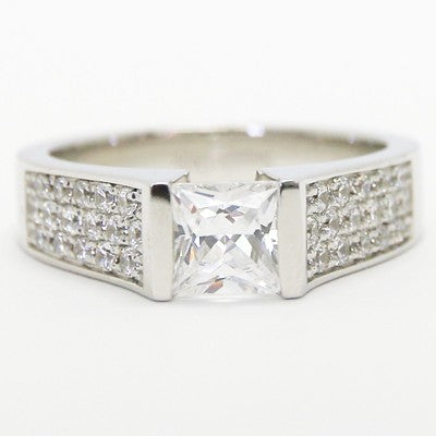 Triple Row Princess Cut Engagement Ring 14k White Gold