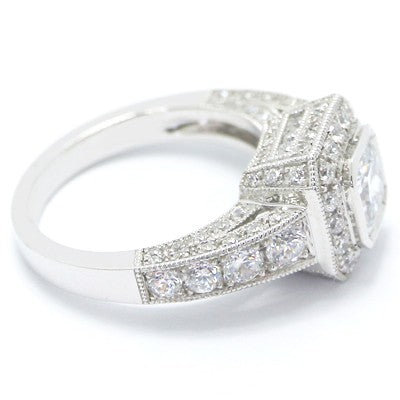 E93642  Vintage Pave Set Cathedral Halo Diamond Engagement Ring 14k White Gold