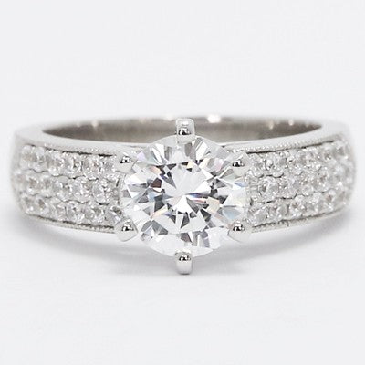 Wide Band Pave Set Engagement Ring 14k White Gold