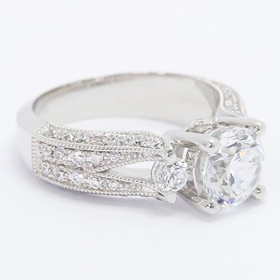Wide Band Pave Set Engagement Ring 14k White Gold