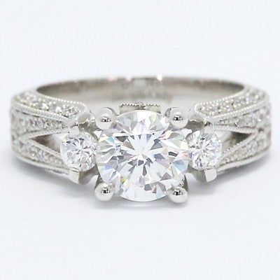 Wide Band Pave Set Engagement Ring 14k White Gold